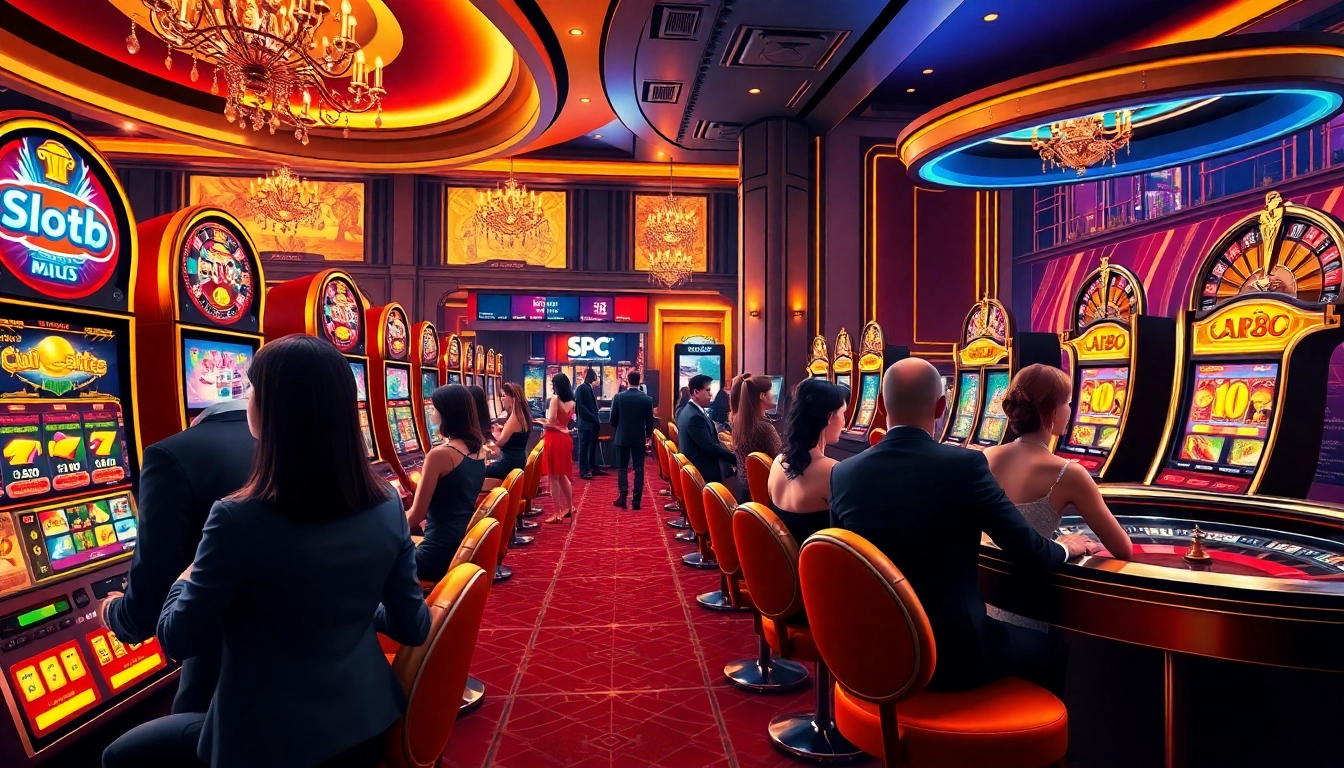 Exciting players engaged with slot88 games in a luxurious casino atmosphere filled with vibrant colors.