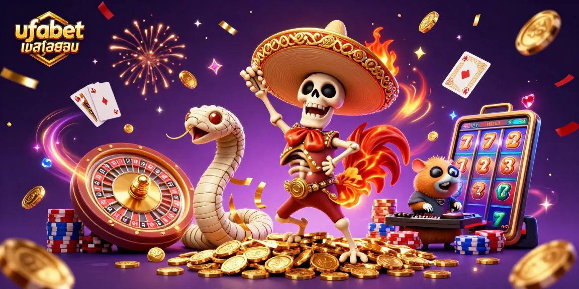 Engage in ufabetเข้าสู่ระบบ with a victorious skeleton mariachi surrounded by gold coins and festive elements.