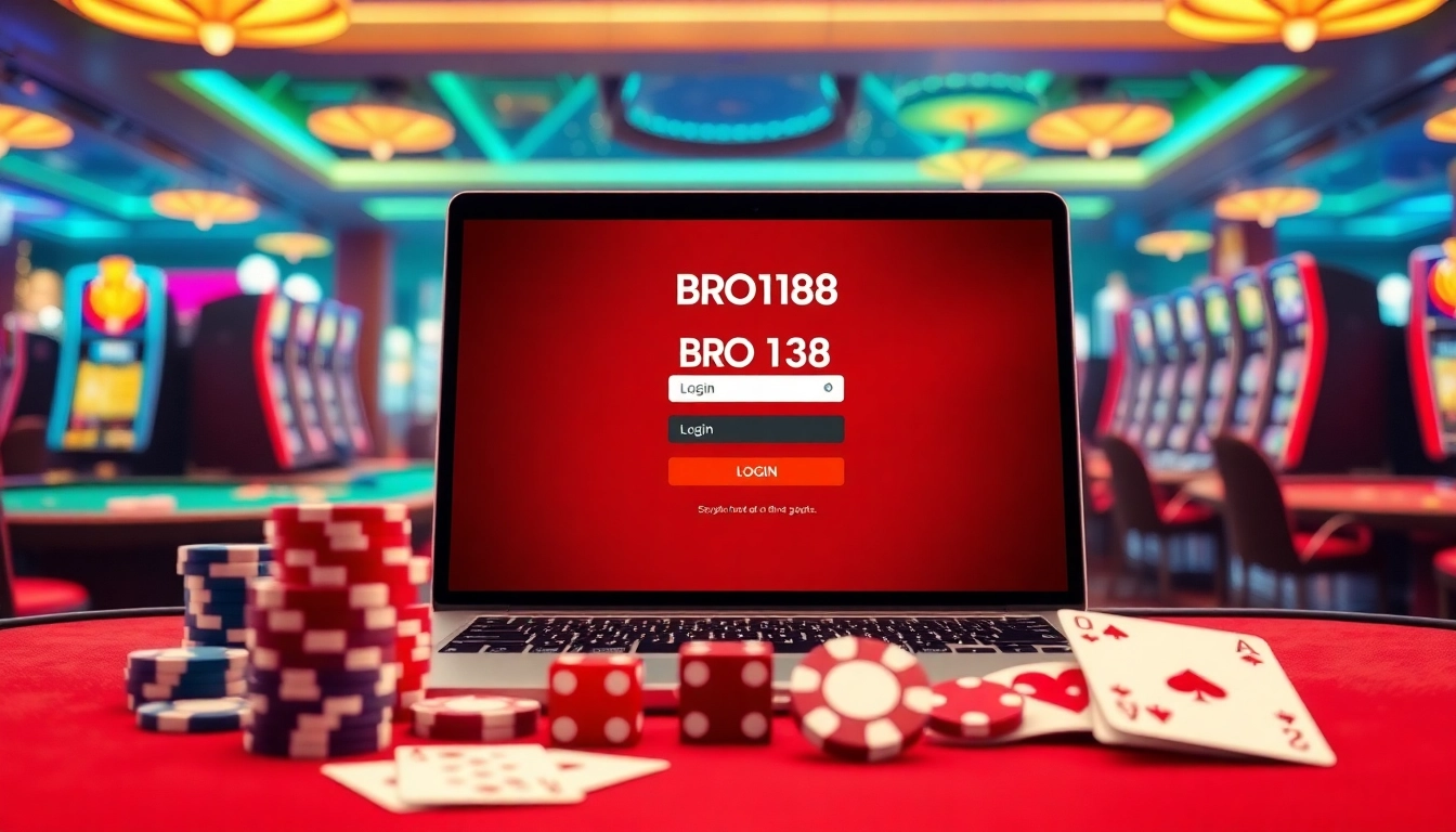 Engaging online casino atmosphere featuring the bro138 login interface with poker chips and dice.