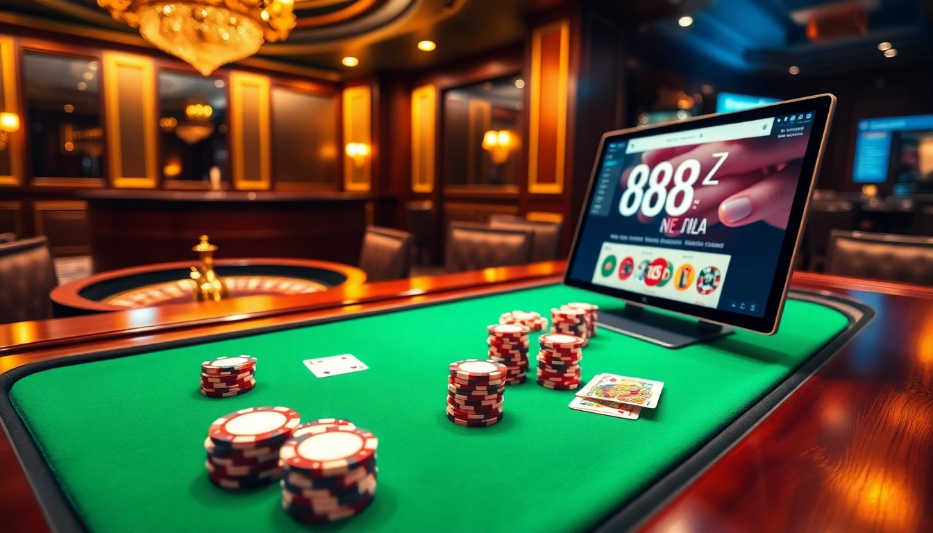 Experience high-stakes gaming at 888newz.com with a poker table and roulette wheel.