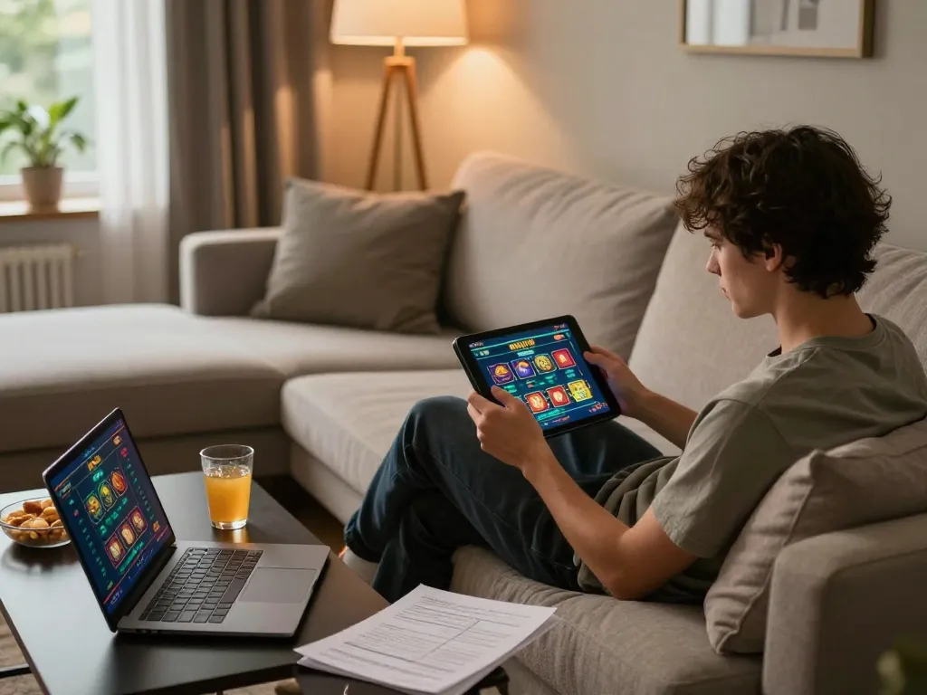 Player engaging in RIKVIP online casino on tablet in cozy home setting with snacks and strategy notes