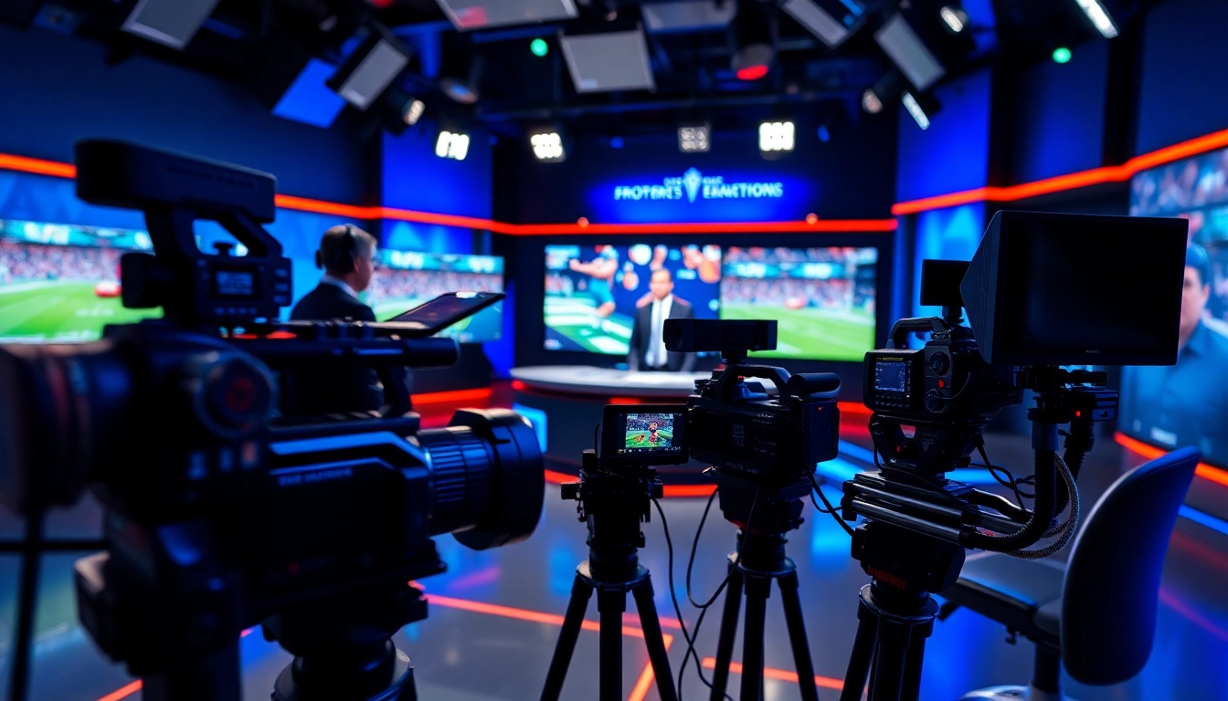 Sports Broadcasting studio with a presenter analyzing highlights and vibrant monitors.