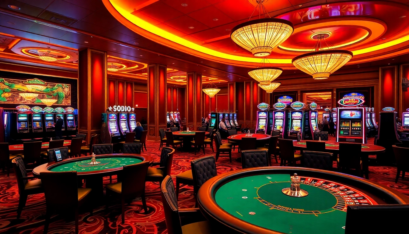 Players enjoying an exciting game at SODO Casino with vibrant tables and sleek slot machines.