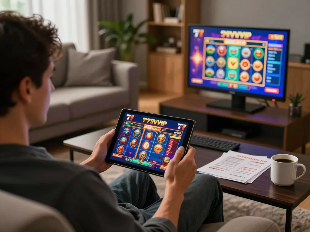 Engaging with 777VIP online casino on a tablet, showcasing vibrant gaming interface