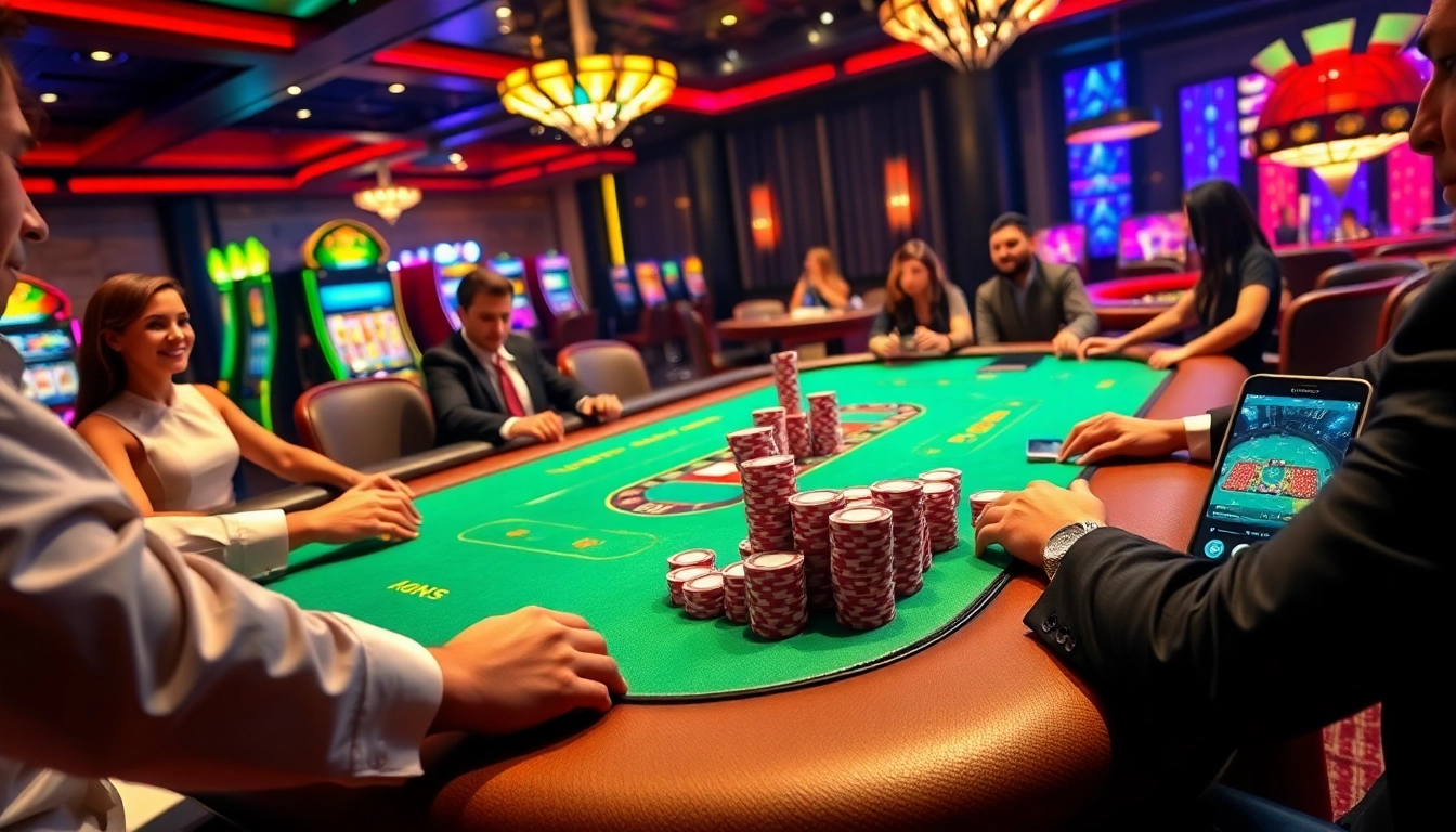 Experience high-stakes poker excitement with https://nk88s.com/ showcasing vibrant casino elements and elegant players.