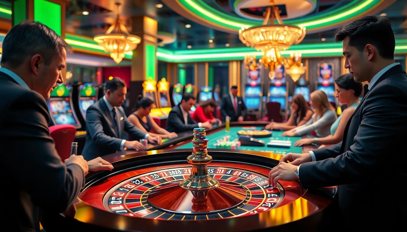 Experience thrilling gameplay at https://j88.gives/ with exciting casino elements like roulette, chips, and eager players.