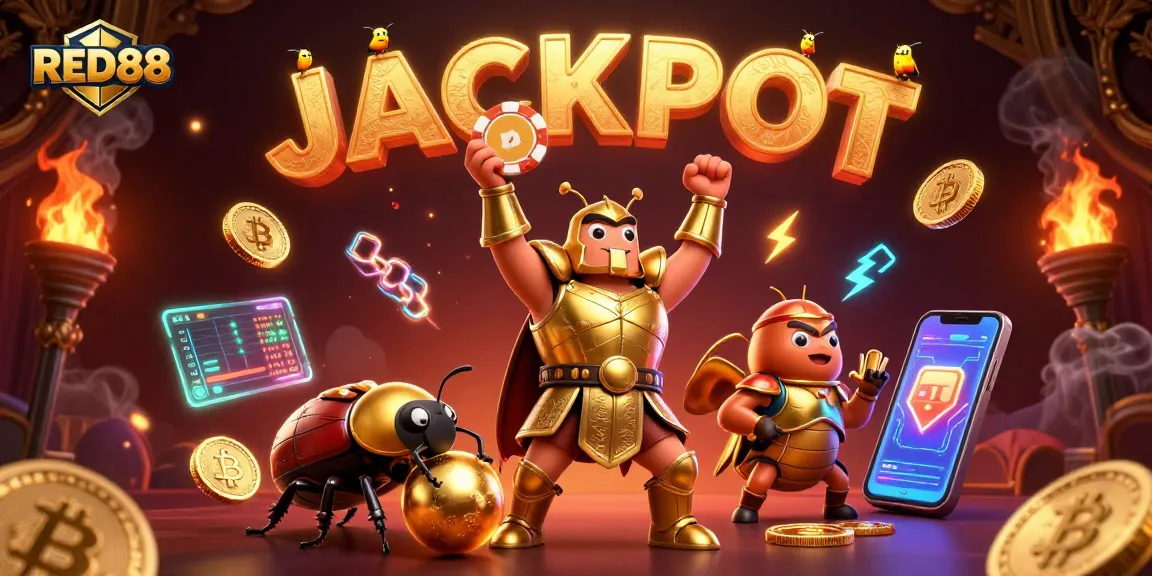 Engage with the excitement of RED88 by witnessing a victorious beetle in a casino-themed celebration.