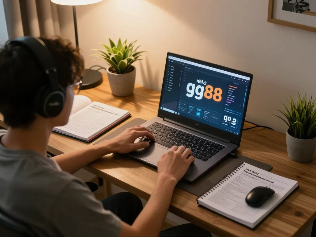 Individual strategizing on nhà cái gg88 while engaging in online gaming at a cozy home workstation.