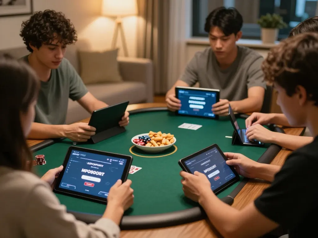 Access MPOSPORT login for online poker game in a cozy home with friends enjoying gaming