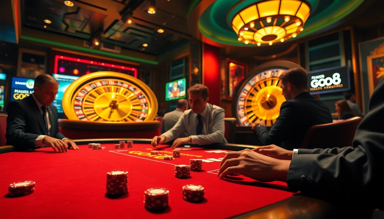 Engaged players at the GO8 poker table in a luxurious casino atmosphere.