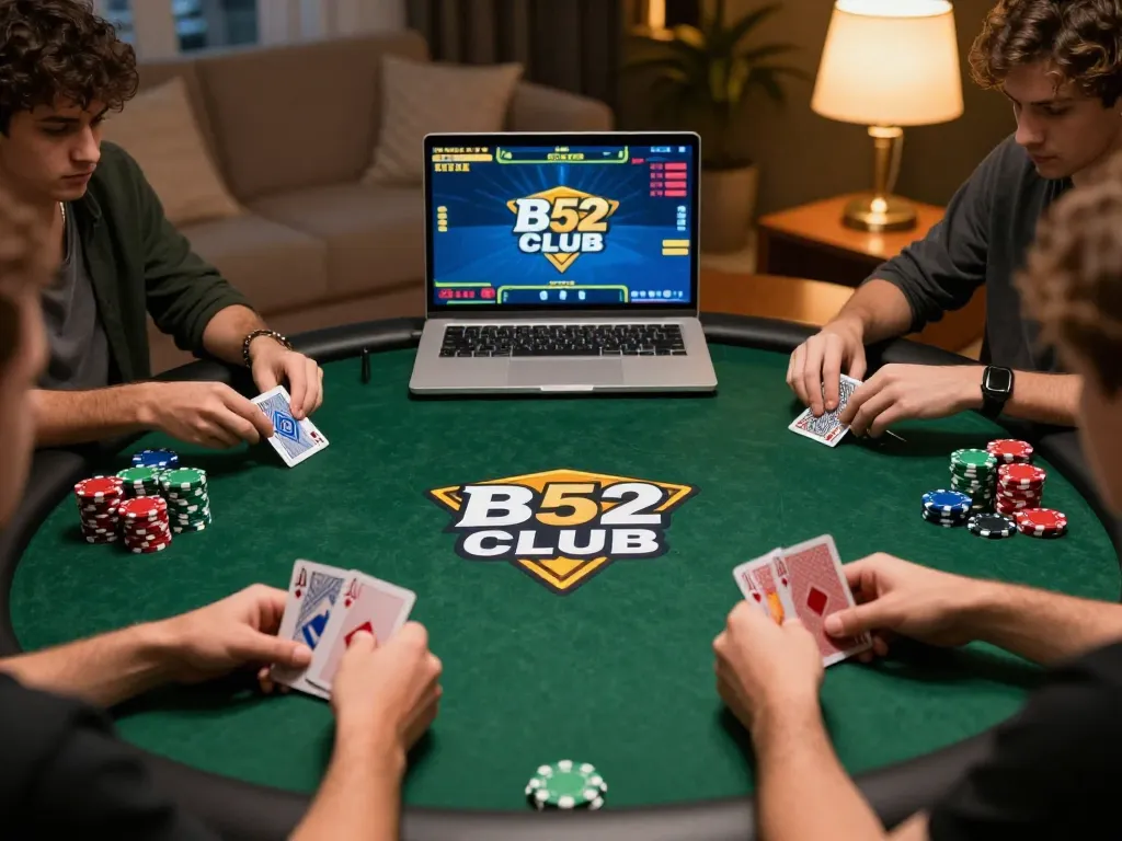 B52 CLUB poker game strategy with engaged players and colorful chips in a cozy setting