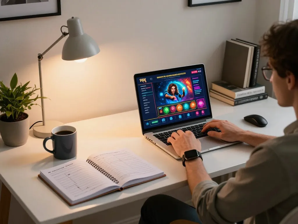 Gambling enthusiast strategizing at home using https://mm88.today/ for online casino insights and bankroll management