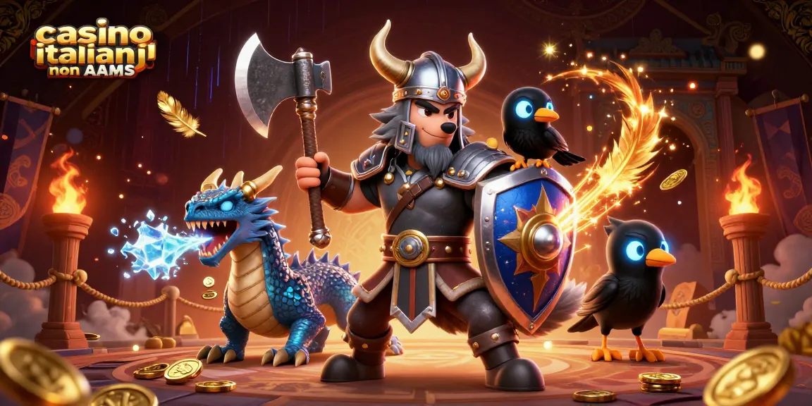 Interagisci con i casino italiani non AAMS in un'illustrazione vivace in 3D che mostra un guerriero vichingo, un drago feroce e simboli animati.