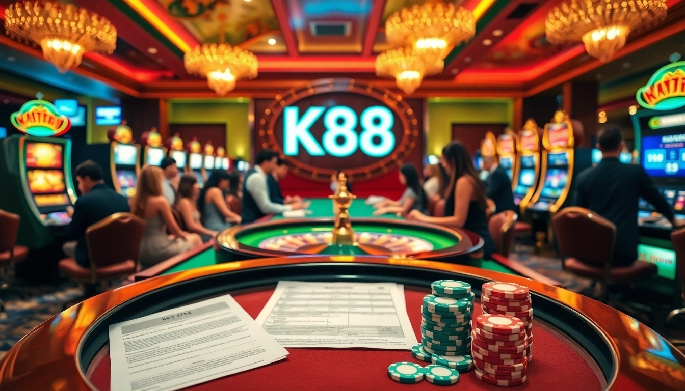 K88 casino scene with players at roulette and slots, vibrant atmosphere.