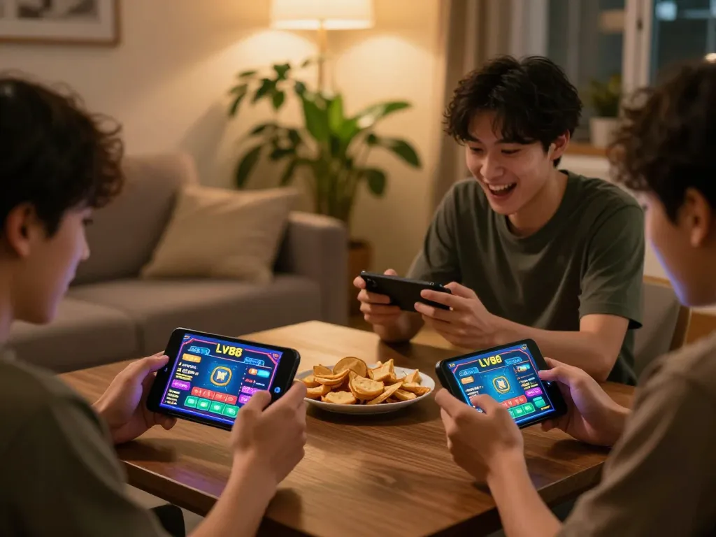 Players enjoying LV88 online casino games on mobile devices, showcasing a vibrant home atmosphere