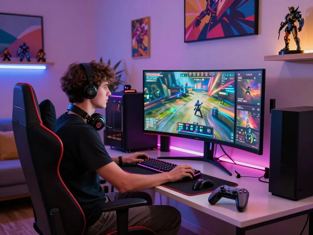 Gamer focused on sunwin đăng nhập in a vibrant lounge with gaming setup