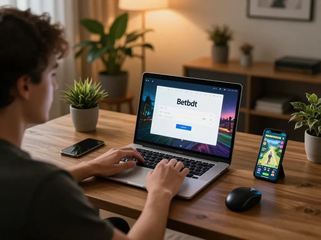 Engaging in Betbdt login for online casino gaming with a vibrant home office setup.