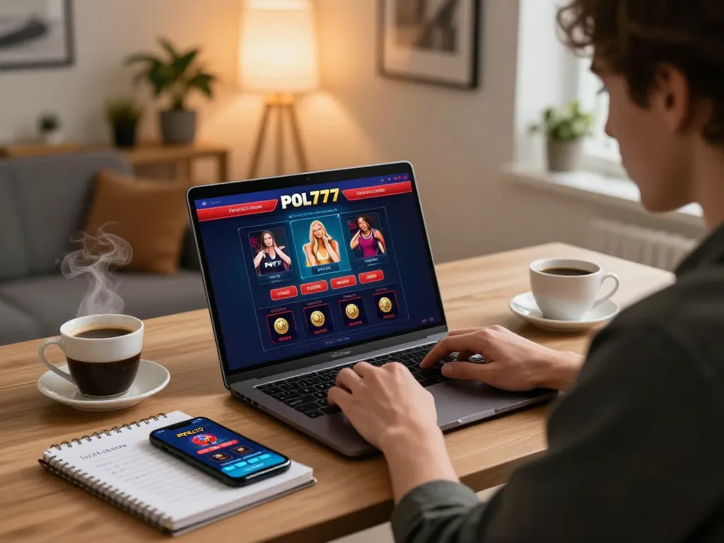 Terlibat dalam perjudian strategis dengan kasino online POL777 di meja kerja yang bergaya
