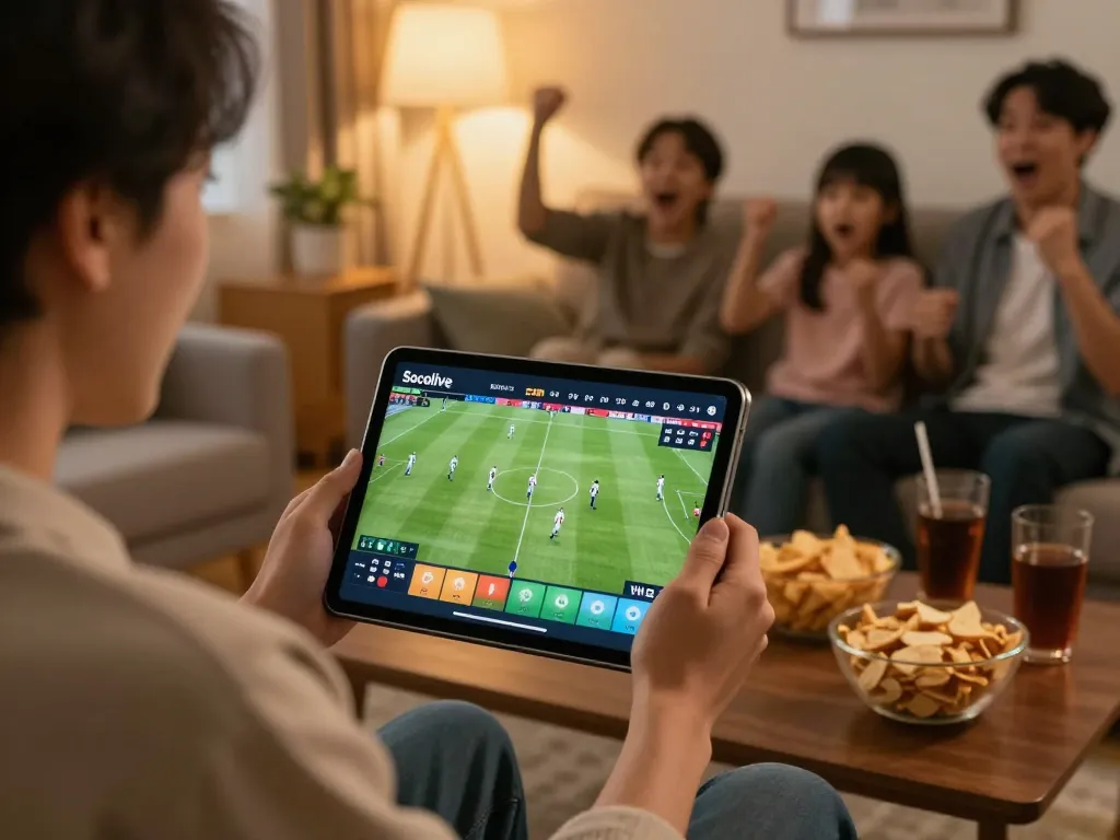 Socolive user enjoying a thrilling live football match on tablet with friends in a cozy atmosphere.