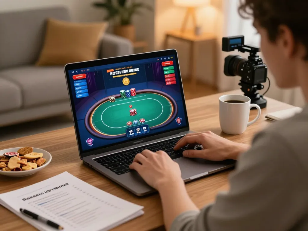 Engaged player using a laptop for agen terpercaya poker gaming with strategic betting notes.