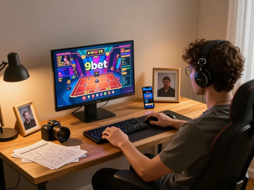 Engaging in online gambling on 9bet with a dynamic desktop setup, ensuring responsible gameplay.