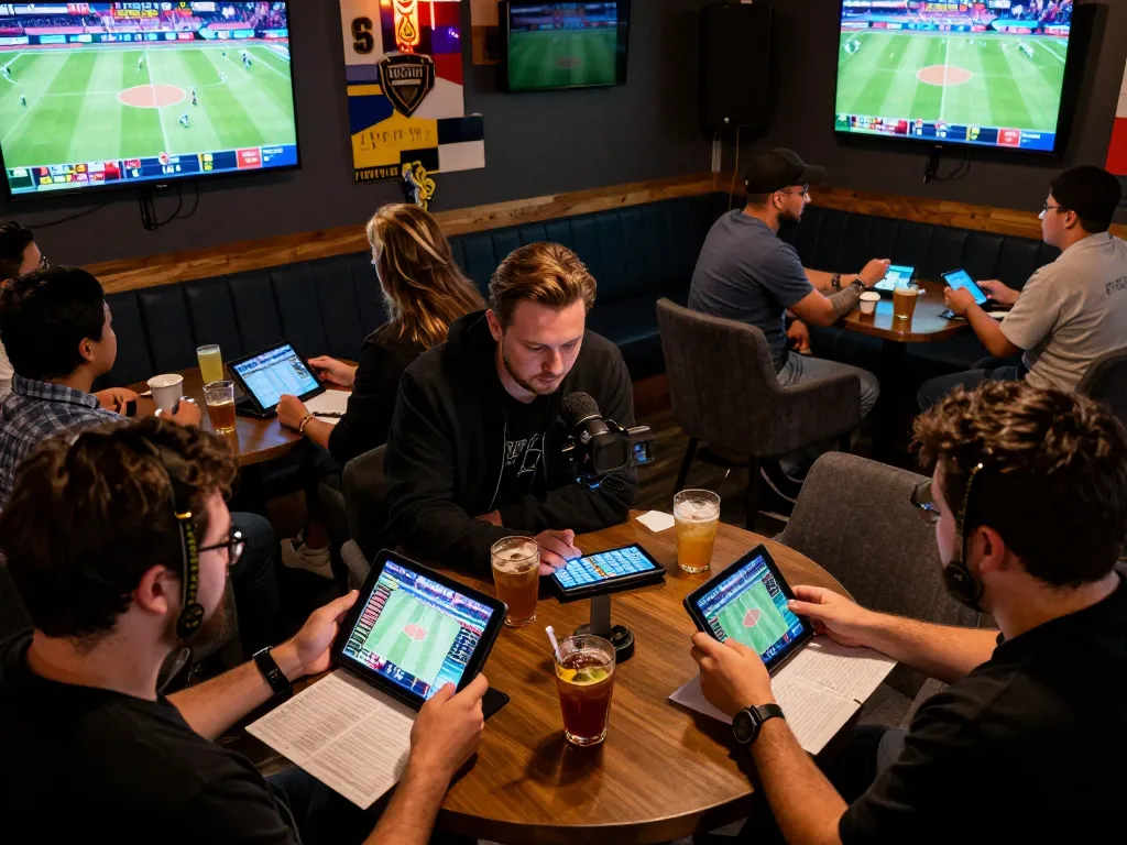Sports bettors studying odds and placing bets at a modern lounge while using bsport.