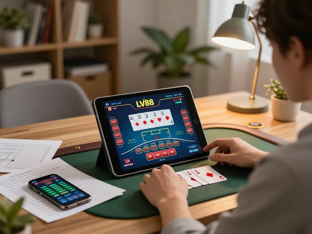 Engaging online baccarat session with LV88 displayed on tablet, showcasing strategic gameplay.