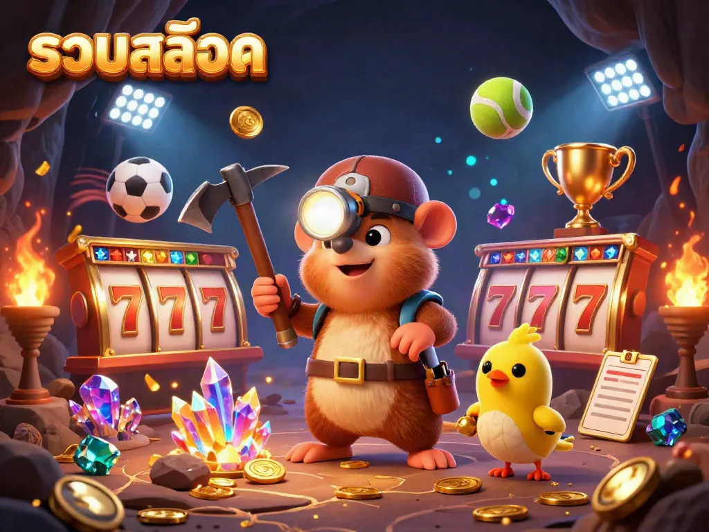 Engage with รวมสล็อต as the treasure hunter mole and canary find riches in a vibrant casino scene.