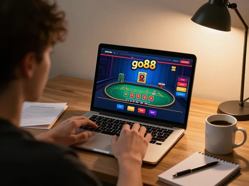 Engaging in a go88 online blackjack game, focused player at a cozy gaming setup.