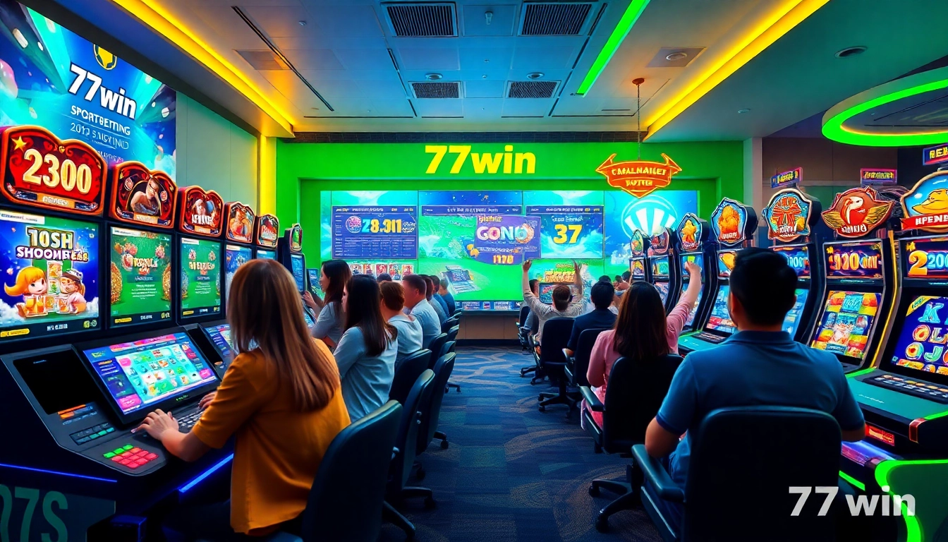 77win online gaming environment showcasing diverse casino games with excited players.