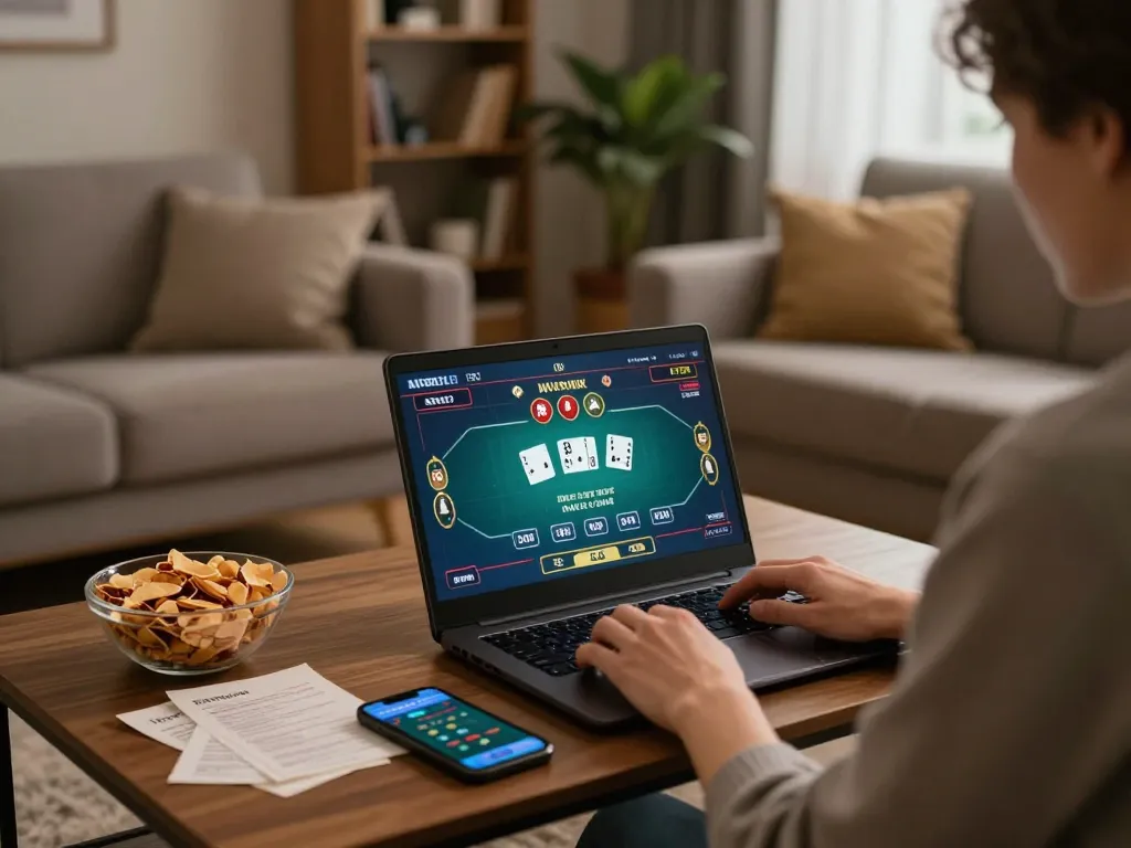 Engaging in online poker gaming using a link vào app in a cozy home environment with snacks and notes.