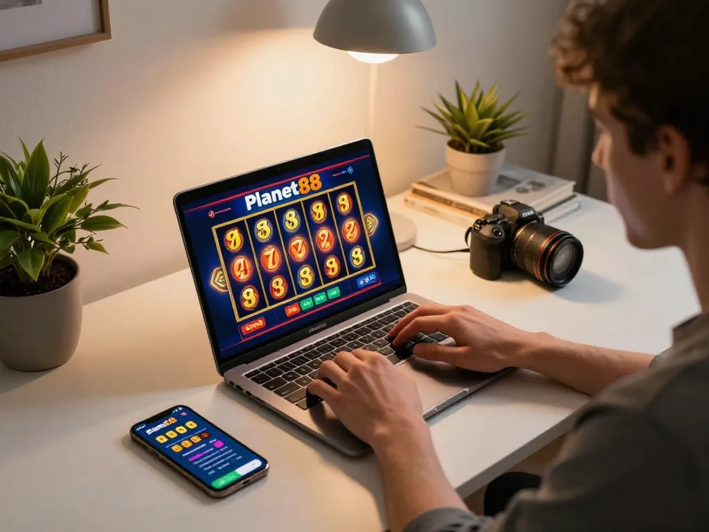 Engaging gameplay on planet88 slot displayed on laptop at a modern home setup.