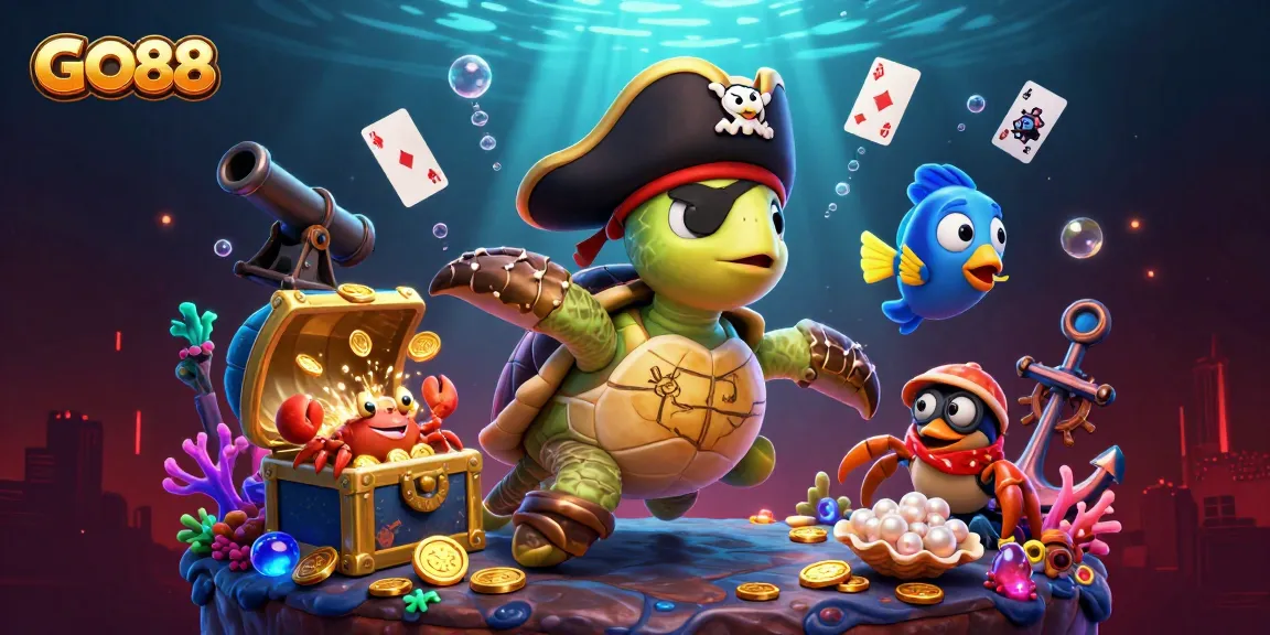 Engage with GO88's dynamic gaming scene featuring a pirate turtle above treasure in a vibrant underwater world.
