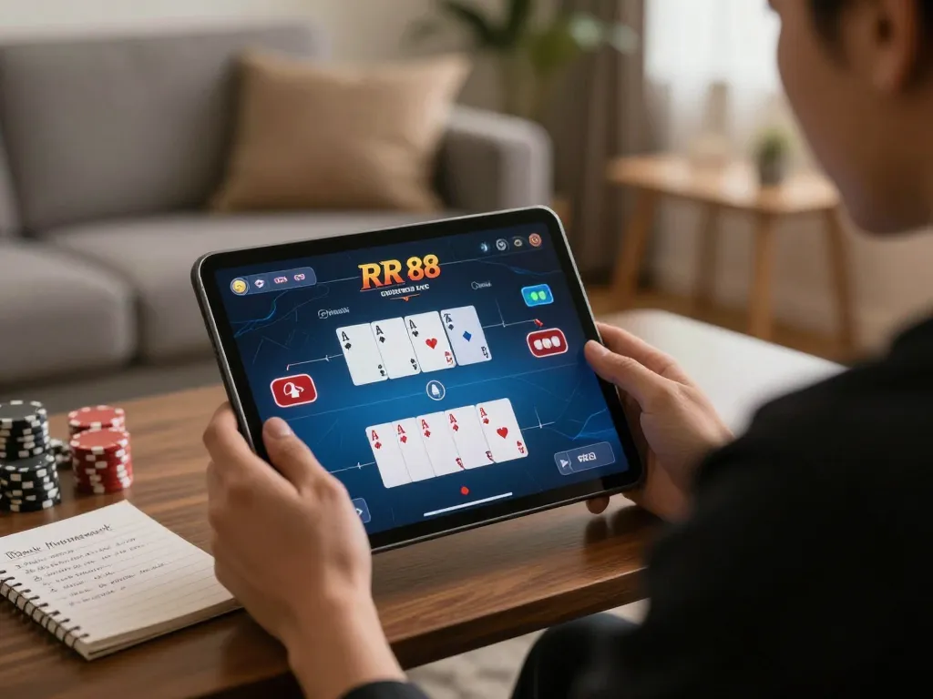 Engaging in RR 88 online casino poker gameplay on tablet with strategic notes.
