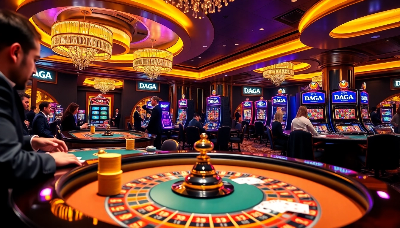Daga gaming scene showcasing players at roulette and poker tables in a luxurious casino environment.