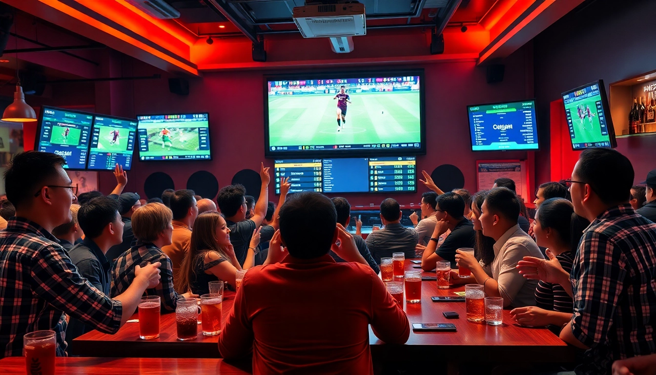 Exciting kèo nhà cái betting scene in a lively sports bar ambiance.