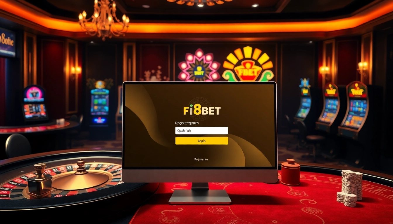 Exciting registration for Đăng Ký F8BET at a luxurious casino with poker tables and slot machines.
