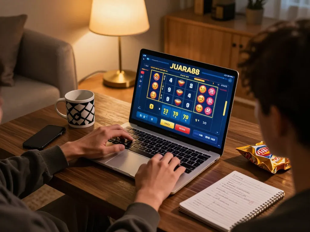 Engaging with JUARA88 slots online from the comfort of home, showcasing vibrant gaming interface and personal strategy notes.