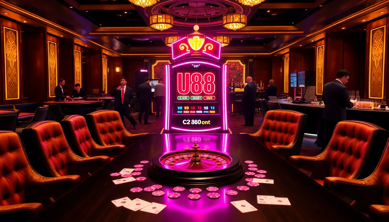 Exciting scene with players at the U88 slot machine, showcasing vibrant gaming action at a luxury casino.