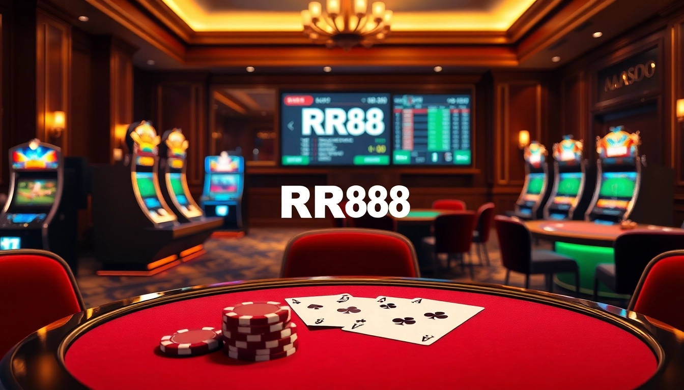 RR88 casino offers a sophisticated scene with vibrant slot machines and poker elements, showcasing excitement.