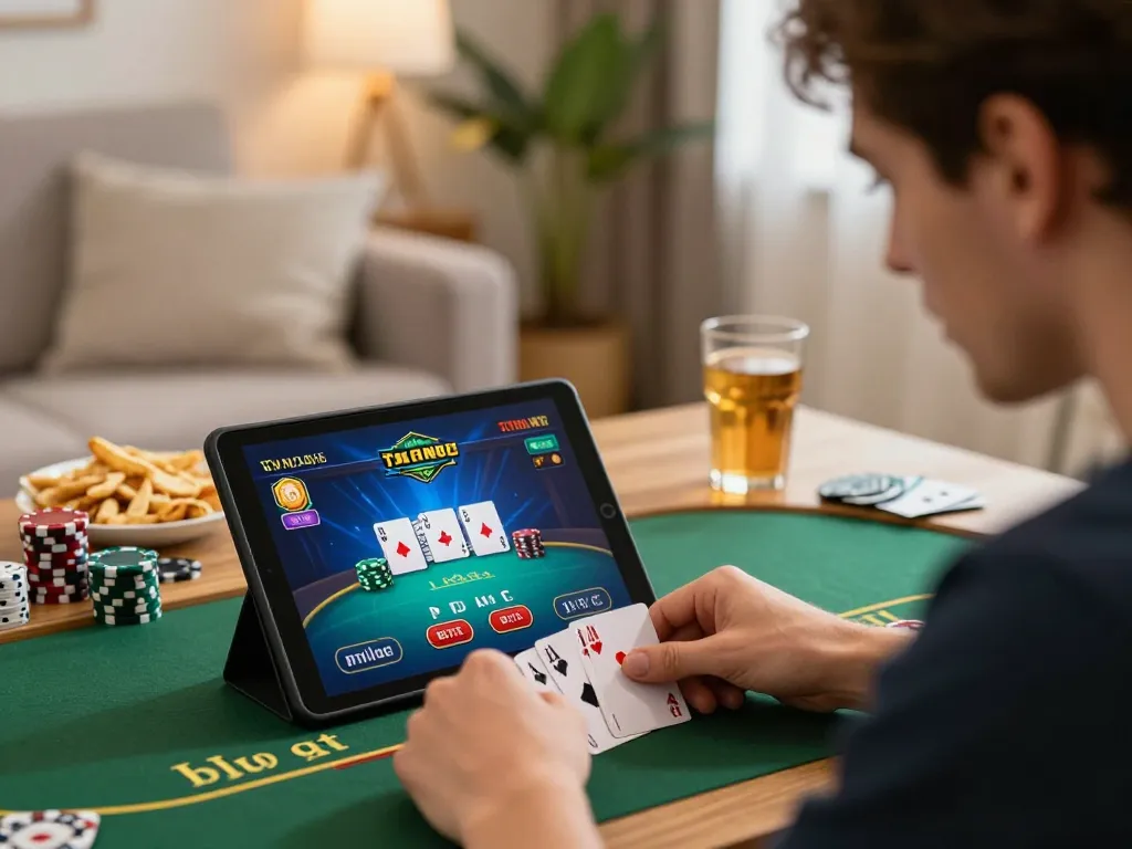 Player enjoying an exciting ta88 online poker game on tablet while relaxing at home