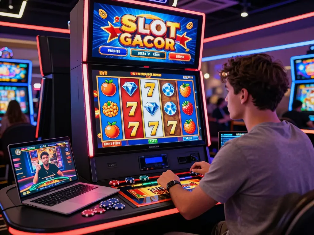 SLOT GACOR player enjoying an exciting online slot machine game with vibrant visuals and engaging atmosphere.