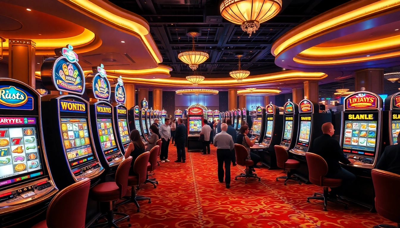 Excitement of slot online gaming with vibrant machines in a luxurious casino setting.