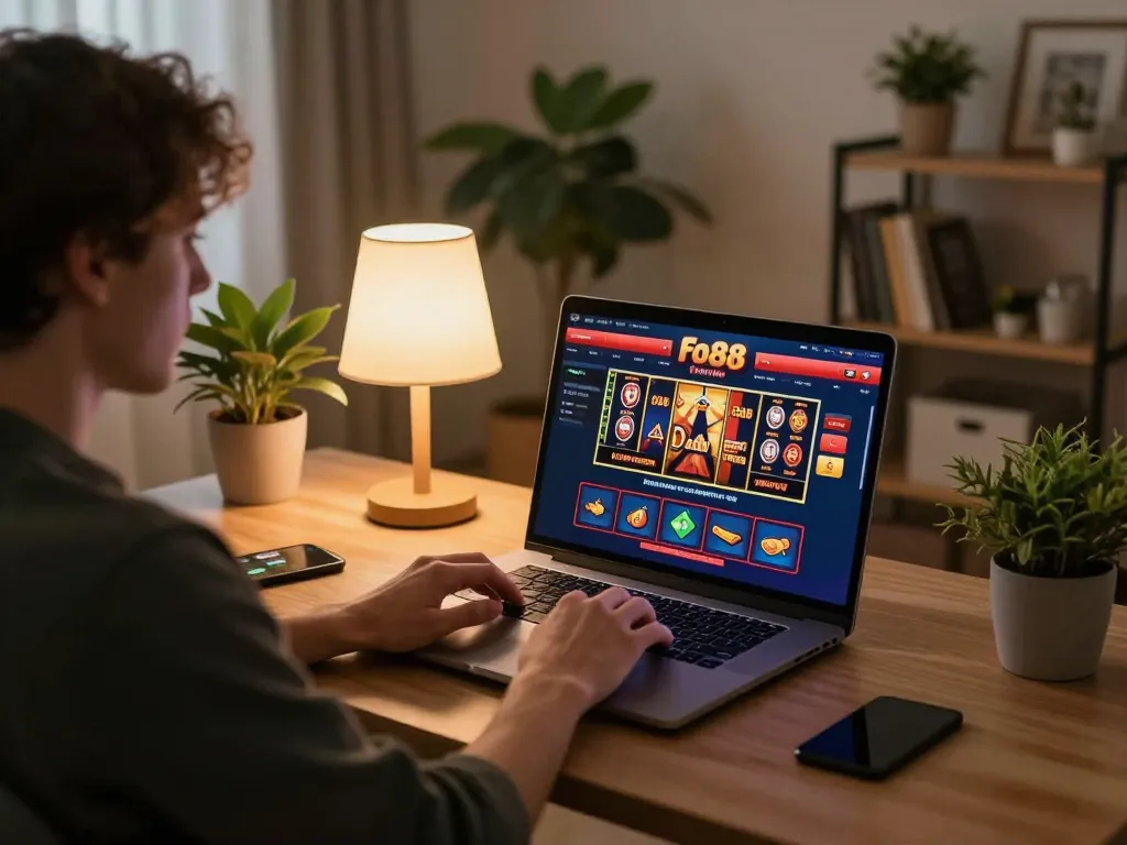 Player engaging with fo88 online casino interface from a cozy home setup, combining comfort and excitement.