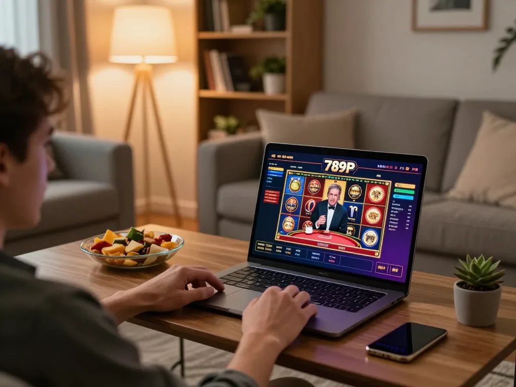Player engaging in online slots at 789P from a cozy living room