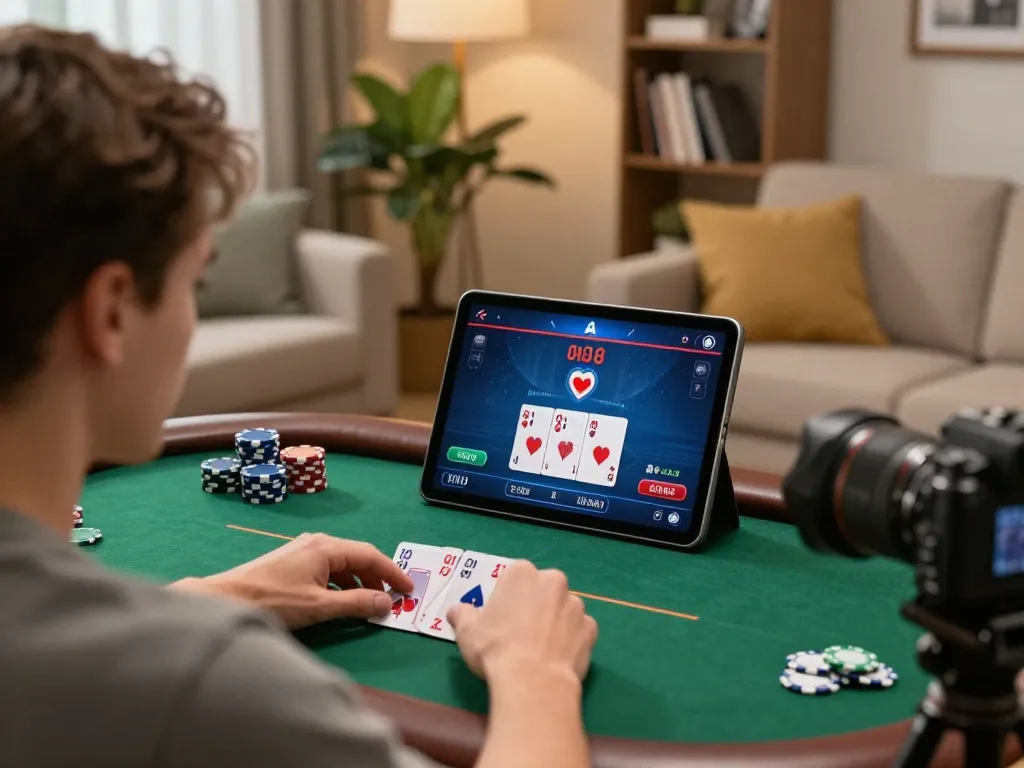 Engaged online gamer using bk8 app on tablet for thrilling poker session at home
