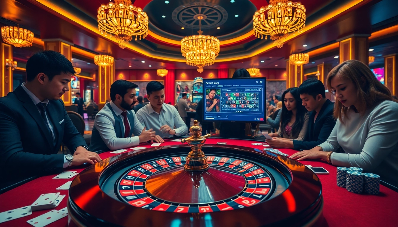 Engaged players exploring Tool xổ số siêu tốc at a vibrant casino, focusing on high-stakes gambling.