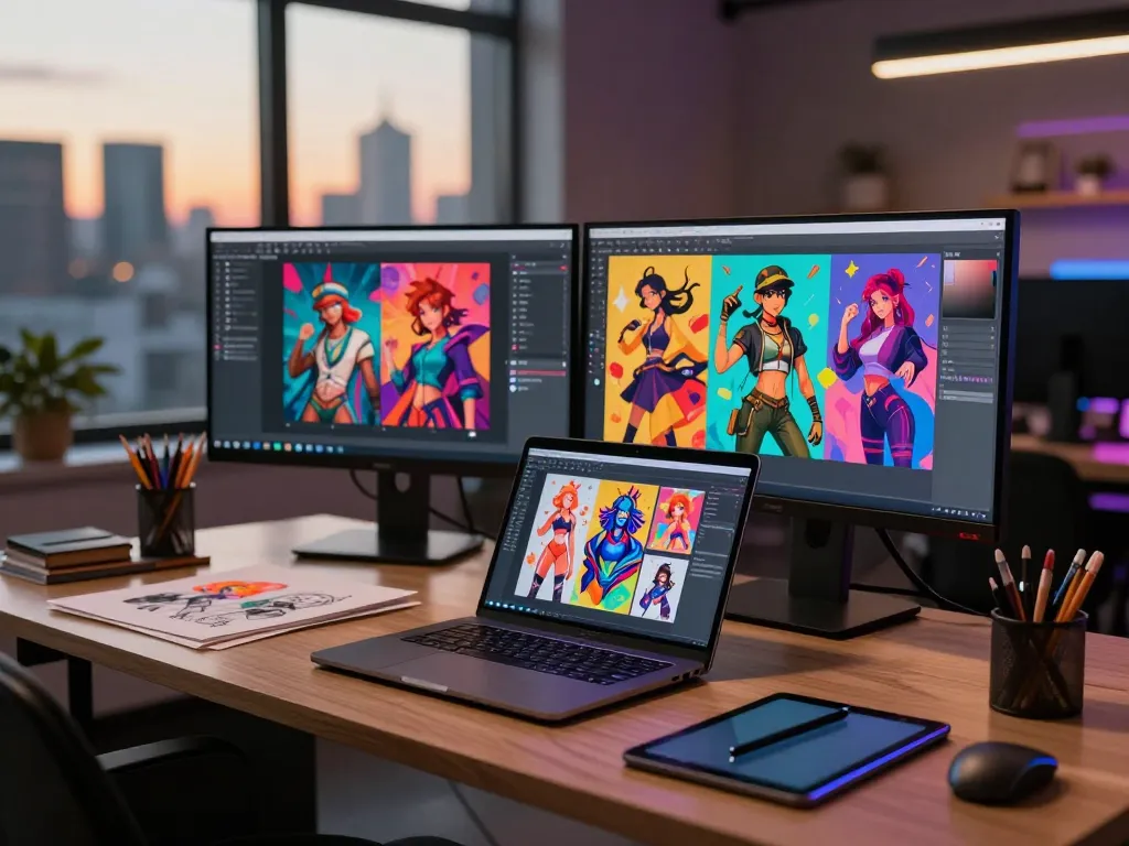 Creating ai nsfw images in a modern digital studio featuring vibrant visuals and artistic tools.