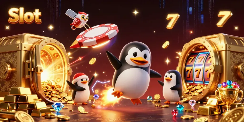 Permainan slot yang menampilkan penguin emas bertenaga roket dikelilingi oleh harta karun dan simbol slot.