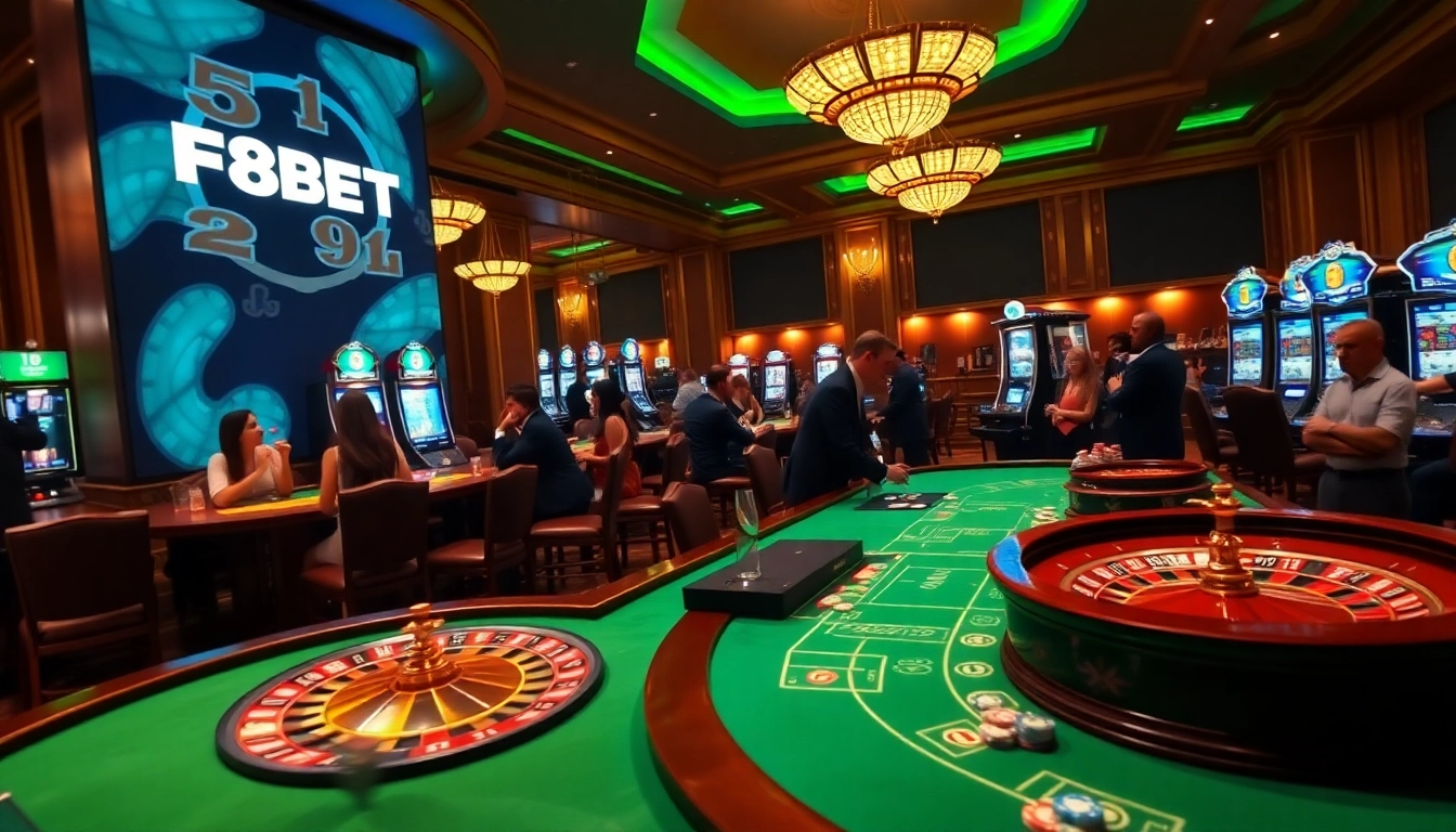 Exciting casino action showcasing F8BET tables and players in a luxurious environment.